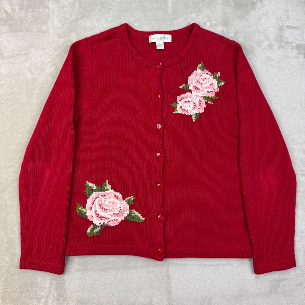 Casual Corner Cardigan Womens L Red Regular Floral Vintage 90s Rose Knit Sweater